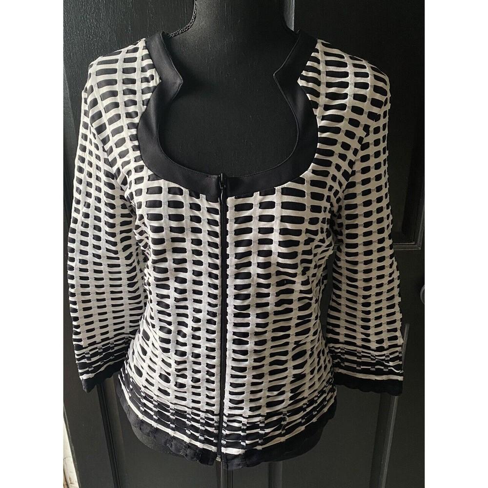 Vintage Y2k Cache Bodycon Stretch Cardigan Geo Print Black White Zip Cache’
